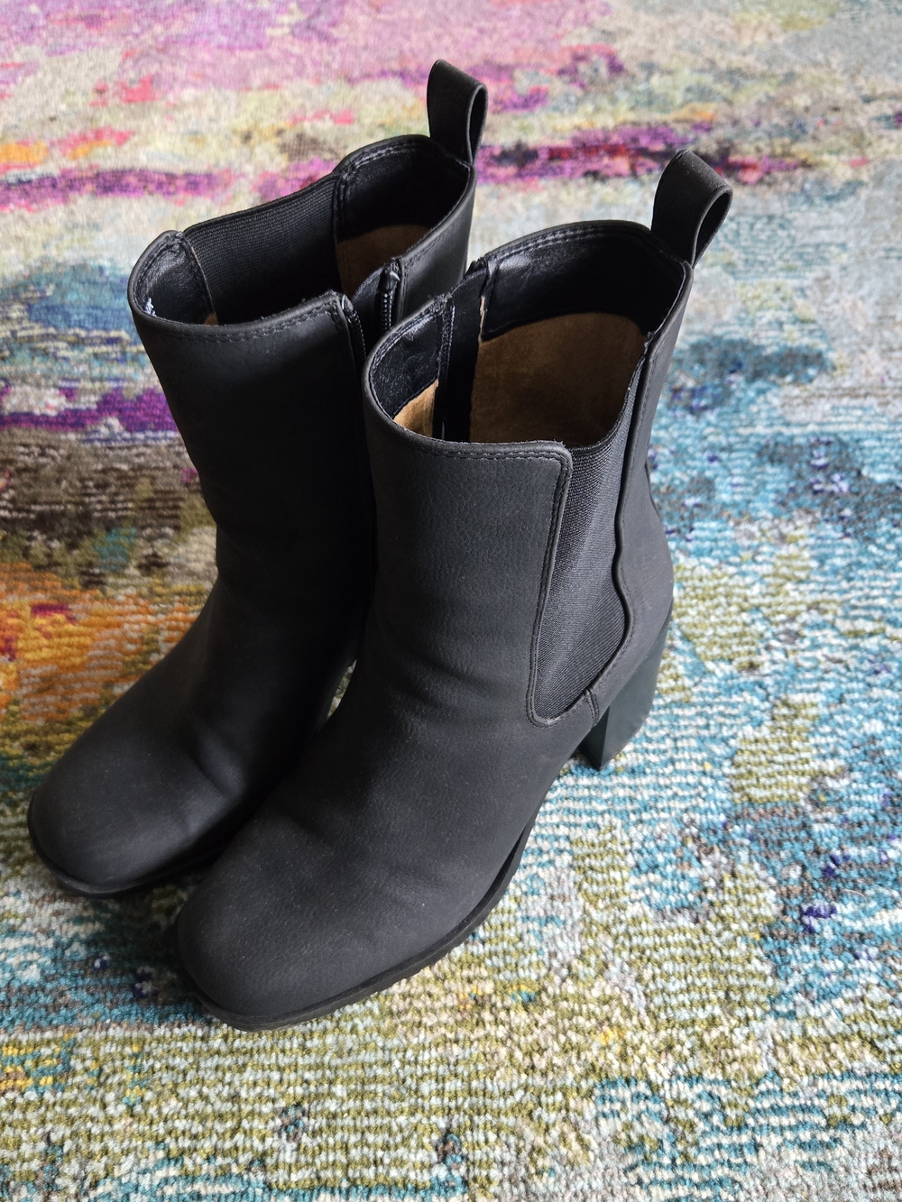 Black Women's Mid-Calf Block Heel Square Toe Chelsea Boots